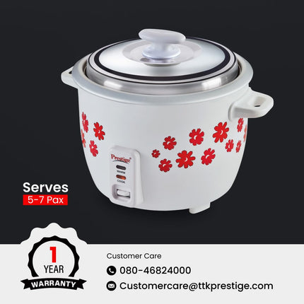 Prestige 1.8 Litres Electric Rice Cooker (PRWO 1.8 Litres)| 2 Aluminium Cooking Pans | Stainless Steel Lid | Grey/White | Cool Touch Handles | Detachable Power Cord | 700- Watt 
