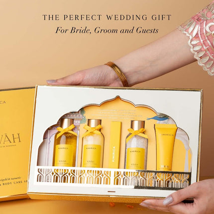 Kimirica Vivah Indulgence Wedding gift set for couple| Uniquely Crafted Wedding Gift contains Shower Gel, Body Lotion, Bath Salt, Eau De Parfum and Hand cream | Luxuriously Scented Marigold & Turmeric | Perfect gift For Weddings | 5 Piece Gift Hamper 