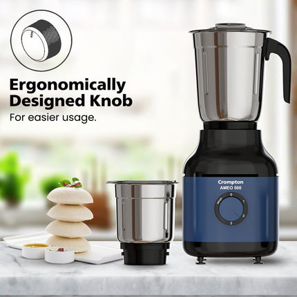 Crompton Ameo 500W Mixer Grinder with Powertron Motor & Motor Vent-X Technology, Robust design (3 Stainless Steel Jars, Blue and Black) 