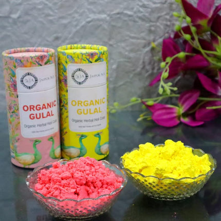 Jaipur Ace Holi Celebration Set - Herbal Gulal, Delicious Gujia Sweets, and a Copper Dryfruit Jar filled with Cashew and Almonds!"(Includes 2 holi colour,10 assorted Gujia,2 Dryfruit) 