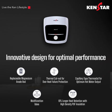 Kenstar Marvel 10-L, 5 Star Rated Storage Water Heater with Superior Glassline Coated Tank, Powerful 2000W Heating Element, Rust Proof Plastic Body and Advanced 3 Level Safety|(White and Blue) 
