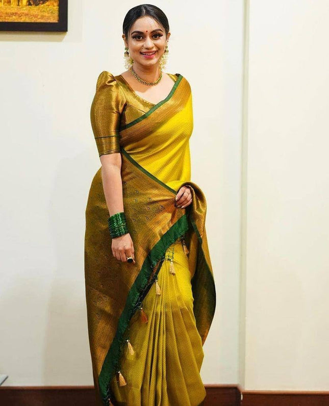 Yashika Women's Fancy Banarasi Kanjivaram Art Silk Saree with Blouse Pieces||Yellow Coloured Kanjivaram Saree|| AZ-YS-OG-YUKTI YELLOW 