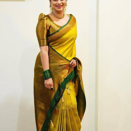 Yashika Women's Fancy Banarasi Kanjivaram Art Silk Saree with Blouse Pieces||Yellow Coloured Kanjivaram Saree|| AZ-YS-OG-YUKTI YELLOW 