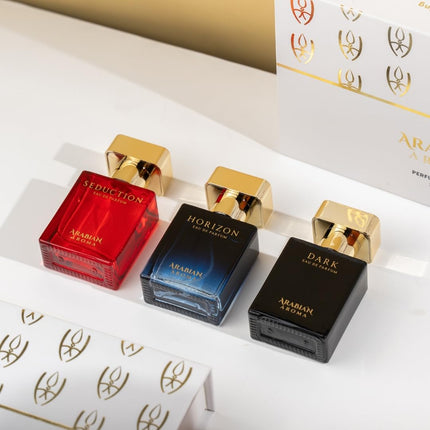 Arabian Aroma Luxury Unisex Perfume Gift Set | Exotic Long Lasting Perfume for Men & Women | Eau De Parfum | Perfume Set for Couple Gift Pack | Seduction, Horizon & Dark (30ml) 