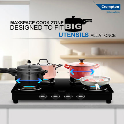 Crompton FlameStar Max 4 Burner Glass Top LPG Gas Stove | 1 Jumbo & 3 Medium Brass Burner | Max Space | Easy Cleaning | Toughened Glass| Tri Pin Brass Burners |2 Year Manufacturer's Warranty 