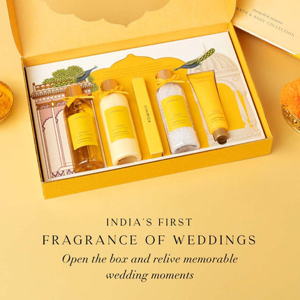 Kimirica Vivah Indulgence Wedding gift set for couple| Uniquely Crafted Wedding Gift contains Shower Gel, Body Lotion, Bath Salt, Eau De Parfum and Hand cream | Luxuriously Scented Marigold & Turmeric | Perfect gift For Weddings | 5 Piece Gift Hamper 