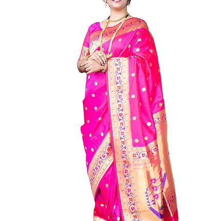 SGF11 Women's Paithani Kanjivaram Pure Soft Silk Handloom Saree Pure Golden Zari With Blouse Piece (Pink) 