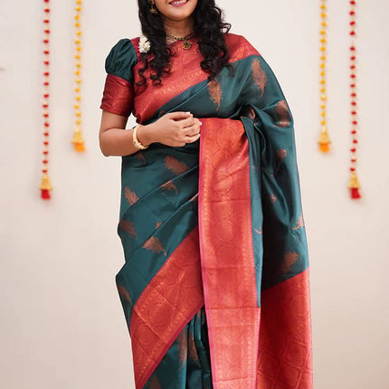 SGF11 Women's Kanjivaram Soft Lichi Silk Saree With Blouse Piece (Rama Green) 