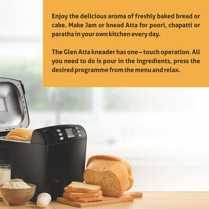 Glen Plastic Bread Maker & Atta Kneader Machine, Fully Automatic, 700-900Gm, With Time Delay Start & 12 Pre-Set Functions, Non-Stick Baking Pan, 3 Crust Setting, Electronic Controls, 550W-Black(3039) 