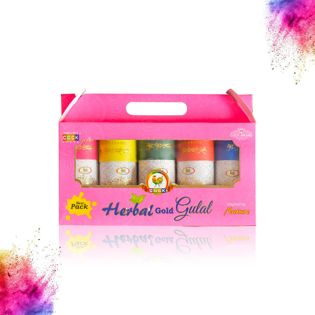 Cock Brand Herbal Gold Gulal – Pack of 5 (300G) | Organic Herbal Gulal for Holi Corn Starch Powder | Non-Toxic Holi Colours | Easy to Remove and Washable | Smooth on Skin 
