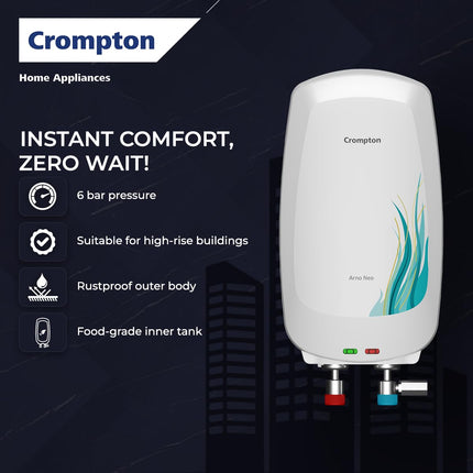 Crompton Arno Neo 3 Litres instant water heater (Geyser) with 3 Level Advance Safety and Food grade technology|Rust proof Body | 5 years tank warranty | 2 years element warranty 