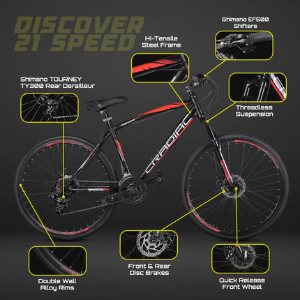 Cradiac Discover PRO 21 Speed Steel High Performance Gear Hybrid Cycles for Men with Front Suspension & Disc Brakes | Ideal for 15+ Years, Unisex, Frame Size : 18.5 Inch | 700 * 35C Tires 