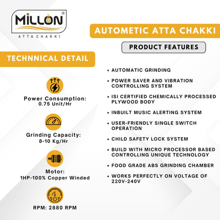 MILLON ATTA CHAKKI Metal Fully Automatic Domestic Flour Mill Machine, Atta Chakki, Aata Maker Flourmill RED Leaf 