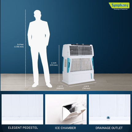 Symphony Touch 55 Personal Air Cooler For Home with 4-Side Aspen Pads, Powerful Double Blowers and Closable Louvers (55L, White) 