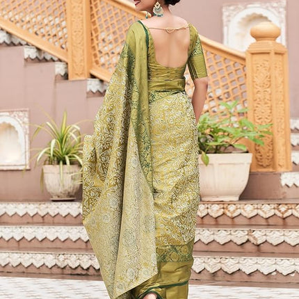 ZECVA Women's Pure Kanchipuram Kanjivaram Silk Saree For Women With Zari Weaving All Over Saree Attach With Unstitch Blouse Piece (GREEN) 
