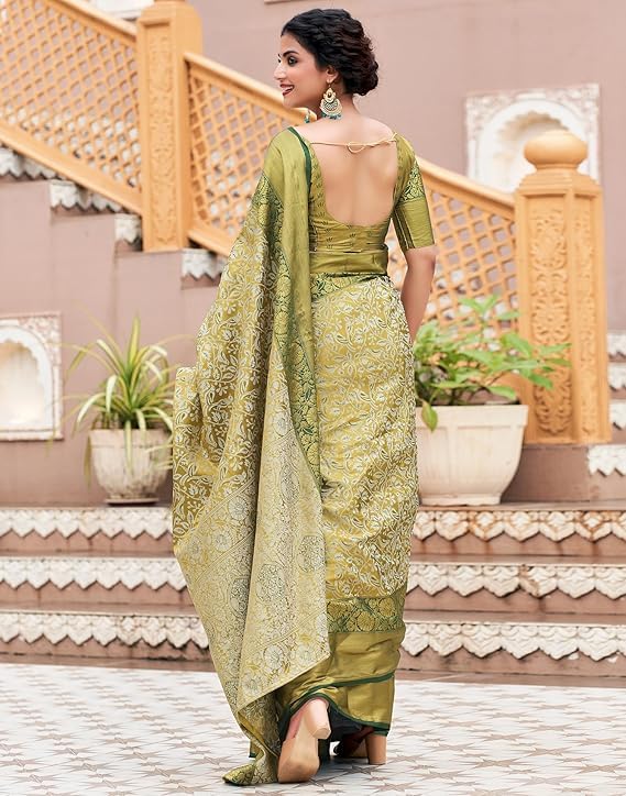 ZECVA Women's Pure Kanchipuram Kanjivaram Silk Saree For Women With Zari Weaving All Over Saree Attach With Unstitch Blouse Piece (GREEN) 