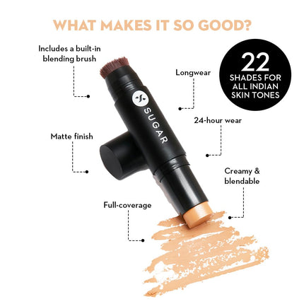 SUGAR Cosmetics Ace Of Face Foundation Stick with In-Built Brush | Lasts 24hrs | Full Coverage Foundation for Women | 12gm - 15 Cappuccino 