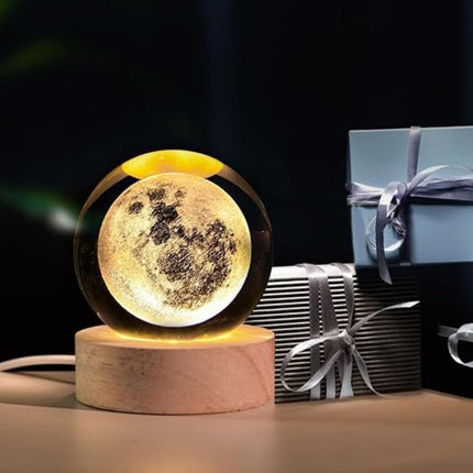One94Store 3D Crystal Moon Lamp – Engraved Crystal Ball LED Night Light with Wooden Base, USB Powered, Ideal for Home & Office Décor, Birthday Gift for Adults (Warm White) 