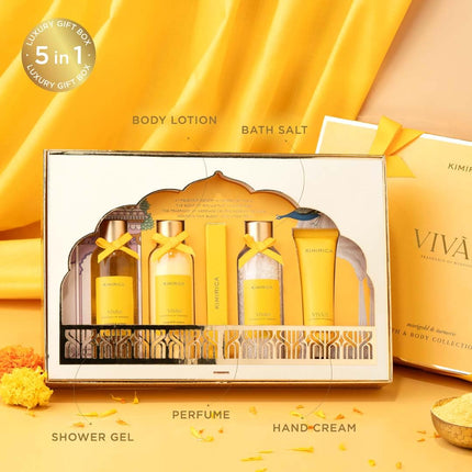 Kimirica Vivah Indulgence Wedding gift set for couple| Uniquely Crafted Wedding Gift contains Shower Gel, Body Lotion, Bath Salt, Eau De Parfum and Hand cream | Luxuriously Scented Marigold & Turmeric | Perfect gift For Weddings | 5 Piece Gift Hamper 