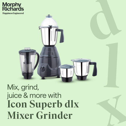 Morphy Richards Icon Superb 750 Watts Mixer Grinder| 4 Stainless Steel Mixer Jars Including Juicer Jar| 3-Speed Control With Pulse Effect Mixie| 1-Yr Warranty By Brand| Dark Grey 