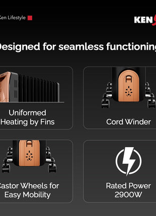 Kenstar Luxora 2900W 13-Fin Oil Filled Room Heater with 400W PTC Fan Heater | 3 Heat Settings | Adjustable Thermostat | Tip-Over Safety | Castor Wheels | 2-Year Warranty (Black & Gold)