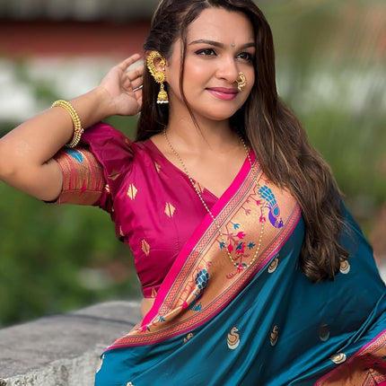 SGF11 Women's Kanjivaram Paithani Pure Soft Silk Saree For Womens With Unstitched Blouse Piece (Rama Blue) 