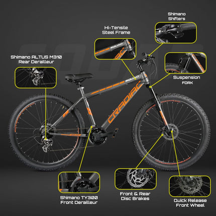 Cradiac Squad 21 Speed High Performance Steel Mountain Cycles for Men with Front Suspension & Dual Disc Brake 21 Geared MTB Bike 29 T | Ideal for 15+ Years, Unisex, Frame Size : 18.5 inch 