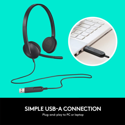 Logitech H340 Stereo Wired Over Ear Headphones With Mic With Noise-Cancelling, Usb, Pc/Mac/Laptop - Black 
