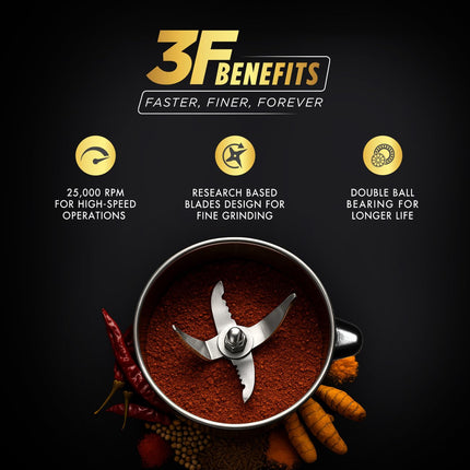 Sujata MG03 Mixer Grinder|1000 Watts Double Ball Bearing Motor|25000 RPM|Non-Stop 90 Mins Running|4 Jars including 1750ml Blender with Coconut Milk Extractor, 1500ml, 1000ml, 500ml Jar| (Black) 