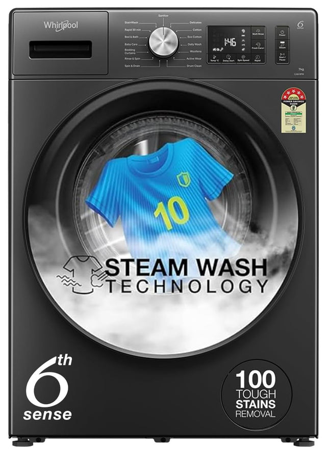 Whirlpool 7 Kg 5 Star Inverter Front Load Washing Machine with In-Built Heater (SUPREME CARE 7012 -E, Midnight Grey, 100+ Tough Stains, Steam Technology, 2025 Model) 