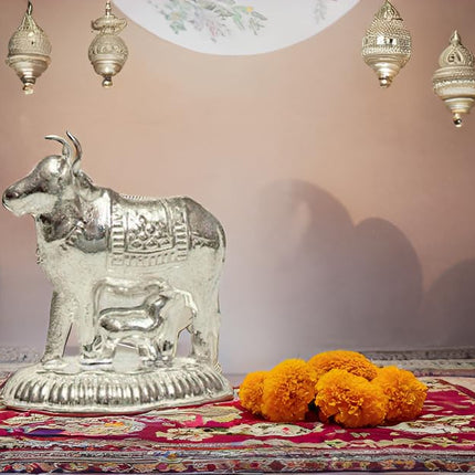 Vail Creation German Silver Kamdhenu Cow and Calf Idol Decoration for Pooja Room Gift Worship Office Home Decor Items | Silver Cow and Calf Statue 