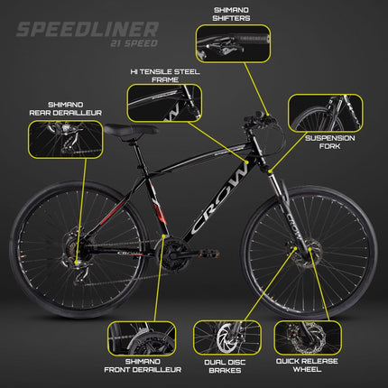CROW - SPEEDLINER 21 Speed | 700 * 35C Hybrid | 21 Speed Gear Cycle | Dual Disc Brakes | Suspension Fork | HITENSILE Steel Frame | Ideal for Girls/Boys/Men 