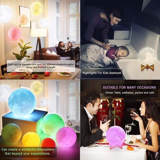REFULGIX 3D Moon Lamp 15cm with Wooden Stand | 7 Color Changing LED Touch Sensor Night Light | USB Rechargeable Moonlight Table Lamp for Bedroom, Kids, Home Décor, and Festival Gifts 