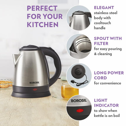 Borosil 1.5L 1350W Stainless Steel Rio Electric Kettle | Boil Water for Tea/Coffee/Soup/Noodles |Water Heater Jug | Auto Cut-off, Overheat & Dry Boil Protection | Multipurpose Kettle | 1 Year Warranty 