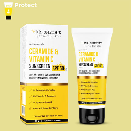 Dr. Sheth's Ceramide & Vitamin C Sunscreen | SPF 50+ Pa+++ | In-Vivo Tested | For Bright Skin & Healthy Glow | Non-Greasy, Quick-Absorbing, No White Cast | UVA/B & Bluelight Protection | For Men & Women | For All Skin Type | 30 g 