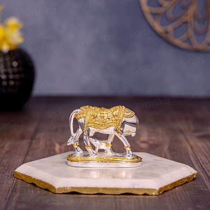 Svastika Vastu Kamdhenu Cow with Calf Idol | 24K Gold & 999 Silver Plated | Excellent Vastu Correction Remedy for Financial Problems | Wedding & Housewarming Gift 