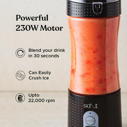 Salt PureBlend Sport Portable Blender for Smoothies, Protein Shakes, Crushing Ice | Sipper Lid | 4000 mAh Battery, USB-C Port | 230W Motor | 400 ML (Black) 
