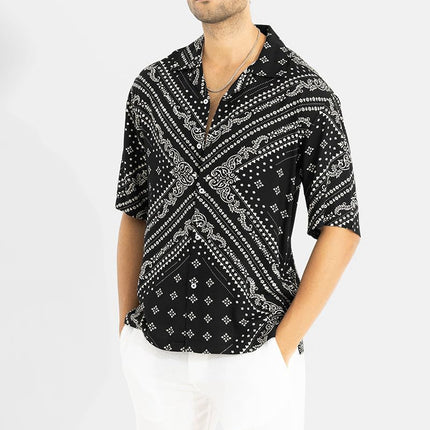 SNITCH Men Casual Shirt | Oversized Fit Half Sleeve Cuban Collar Geometric Print | Premium Rayon Fabric & Smooth Texture for Casual Wear & College Wear |Jet Black, M 