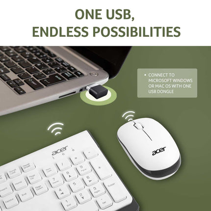 Acer Wireless Keyboard & Mouse Combo with Attractive Durable Design, 2.4GHz Nano Receiver, 10m Range, Indian Rupee Key Code, 1600 DPI, 10M Keystrokes Life for Microsoft Windows and Mac OS(White/Grey) 