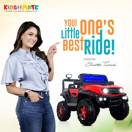 Kidsmate Power Ride Battery Operated Baby Car Jeep for Kids | Remote Control Car with RGB Lights, Music & 12V Rechargeable Battery | Perfect Ride-On Toy 4 Wheel Car for Boys & Girls Ages 3-8 Yr (Red) 