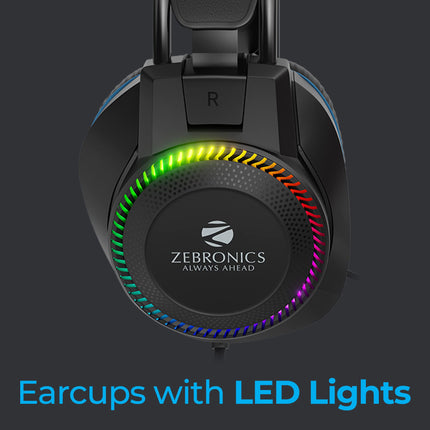 ZEBRONICS Jet Premium Wired Gaming On Ear Headphone with LED Light for earcups, 40mm Neodymium Drivers, 2 Meter Braided Cable, Flexible mic, Suspension Headband, 3.5mm + USB Connector (Black + Blue) 
