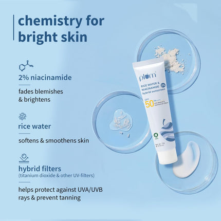 Plum 2% Niacinamide & Rice Water Sunscreen SPF 50 PA+++ | for Oily, Dry & Combination Skin | UVA/UVB Protection | Reduces Tan & Brightens Skin | No White Cast & Non-Sticky | for Women & Men | 15g 