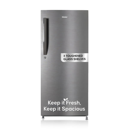 Haier 190L 5 Star Direct Cool Single Door Refrigerator | 3 Toughened Glass Shelves | Fast Ice Making in Just 60 minutes | Large Veg Box| Easy Clean Back (HED-205DS-P, Dazzle Steel) 