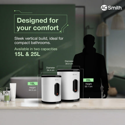 AO Smith Geyser 25 Litre 5 Star BEE Rating | 2KW | Storage Water Heater With 2X Corrosion Resistant Blue Diamond Glass Tank | Warranty: 7 Yr Tank, 3 Yr heating element & 2 Yr Overall | VAS PLUS 25L 