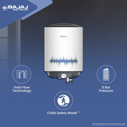 Bajaj Shield Series New Shakti 10L Vertical Storage Water Heater | 4 Star BEE Rated Heater For Water Heating | Titanium Armour | Swirl Flow Technology | Glasslined Tank | 4 Yr Warranty 【White】 