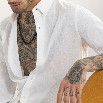 SNITCH Men's Casual Shirt | Slim Fit Full Sleeve Button-Down Collar Textured Pattern | Premium Cotton Blend & Woven Fabric for College & Casual Wear | White 