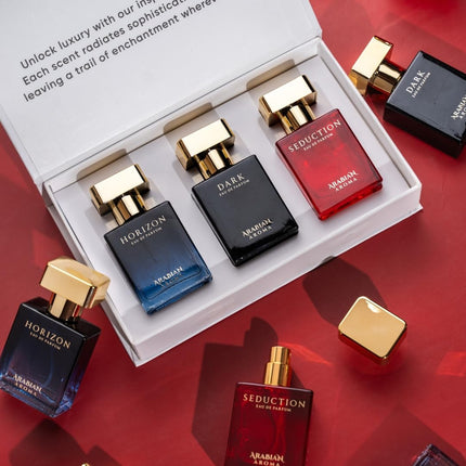 Arabian Aroma Luxury Unisex Perfume Gift Set | Exotic Long Lasting Perfume for Men & Women | Eau De Parfum | Perfume Set for Couple Gift Pack | Seduction, Horizon & Dark (30ml) 