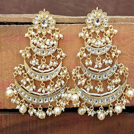 I Jewels 18k Gold Plated 3 Layered Beaded Chandbali Earrings with Kundan and Pearl Work for Women (E2859) 