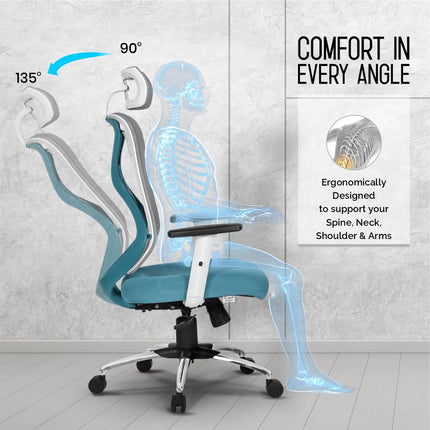 Da URBAN® Merlion Office Chair,High Back Mesh Ergonomic Home Office Desk Chair with 3 Years Warranty, Adjustable Armrests,Adjustable Lumbar Support,Tilt Lock Mechanism (Grey) 