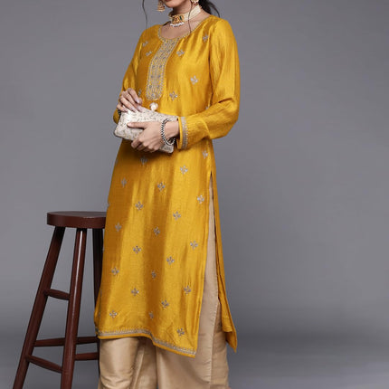 Libas Women's Silk Embellished Straight Kurta (23491O_Yellow 